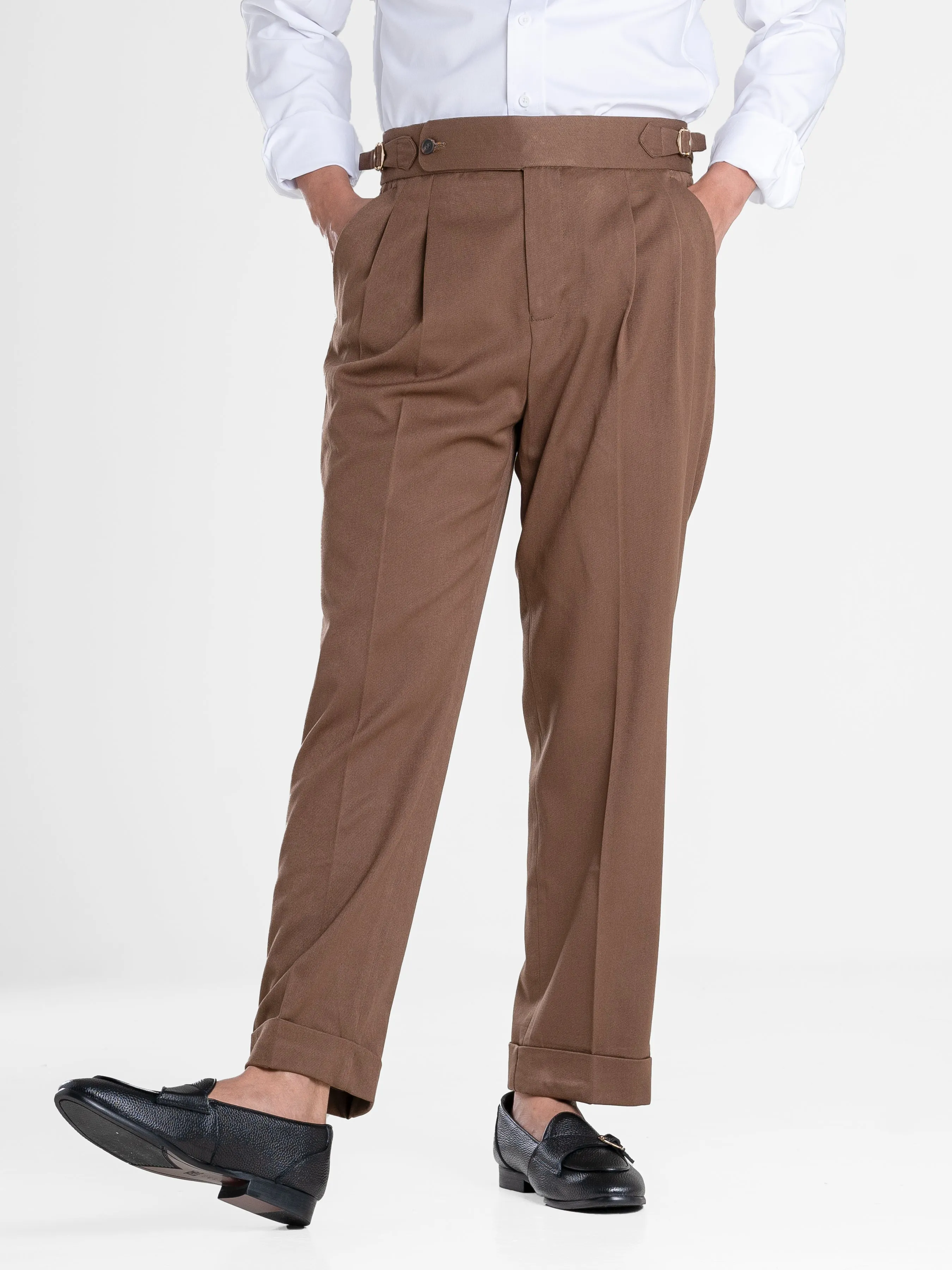 Trousers With Side Adjusters - Brown Plain Cuffed (Stretchable)