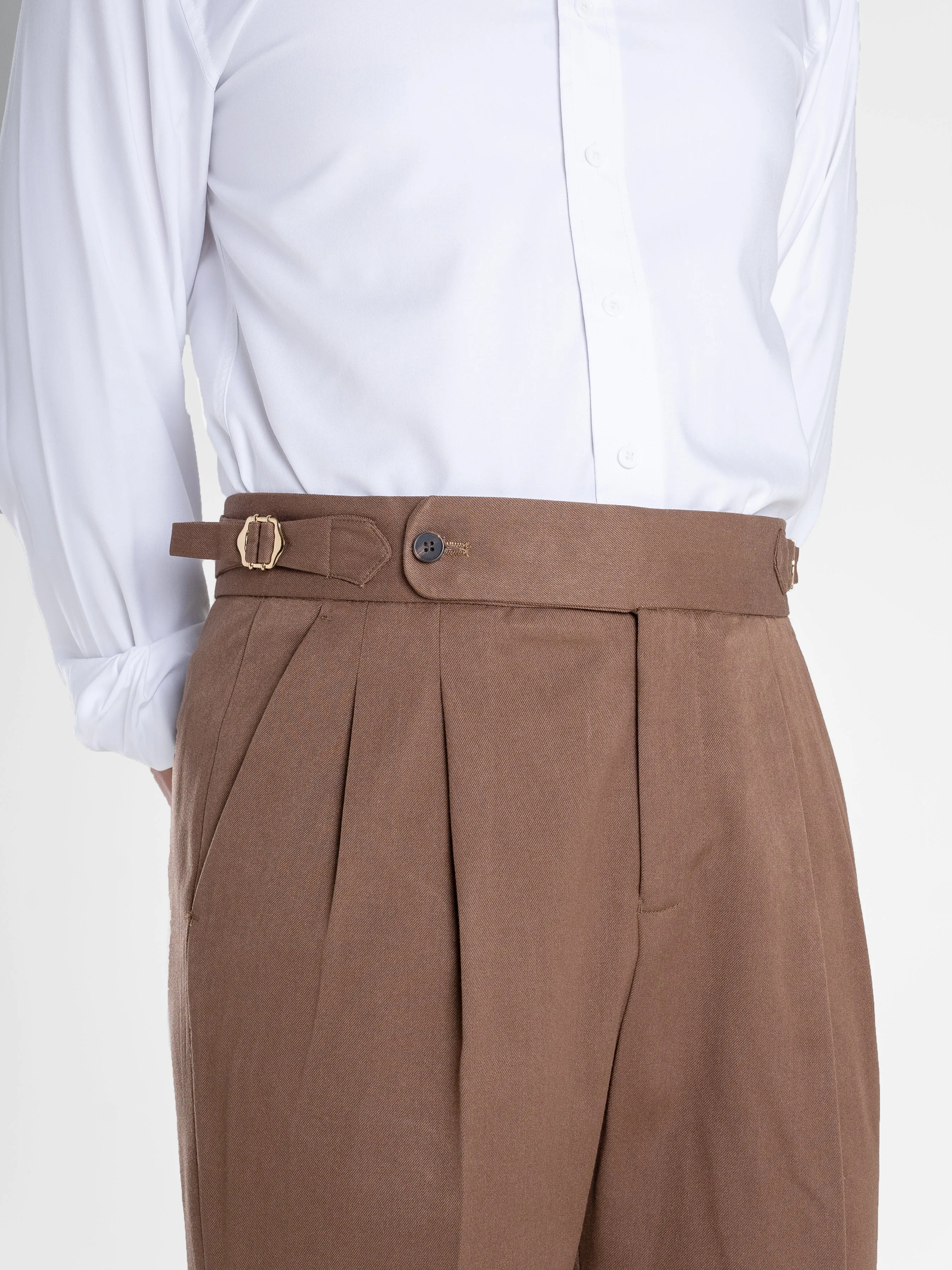 Trousers With Side Adjusters - Brown Plain Cuffed (Stretchable)