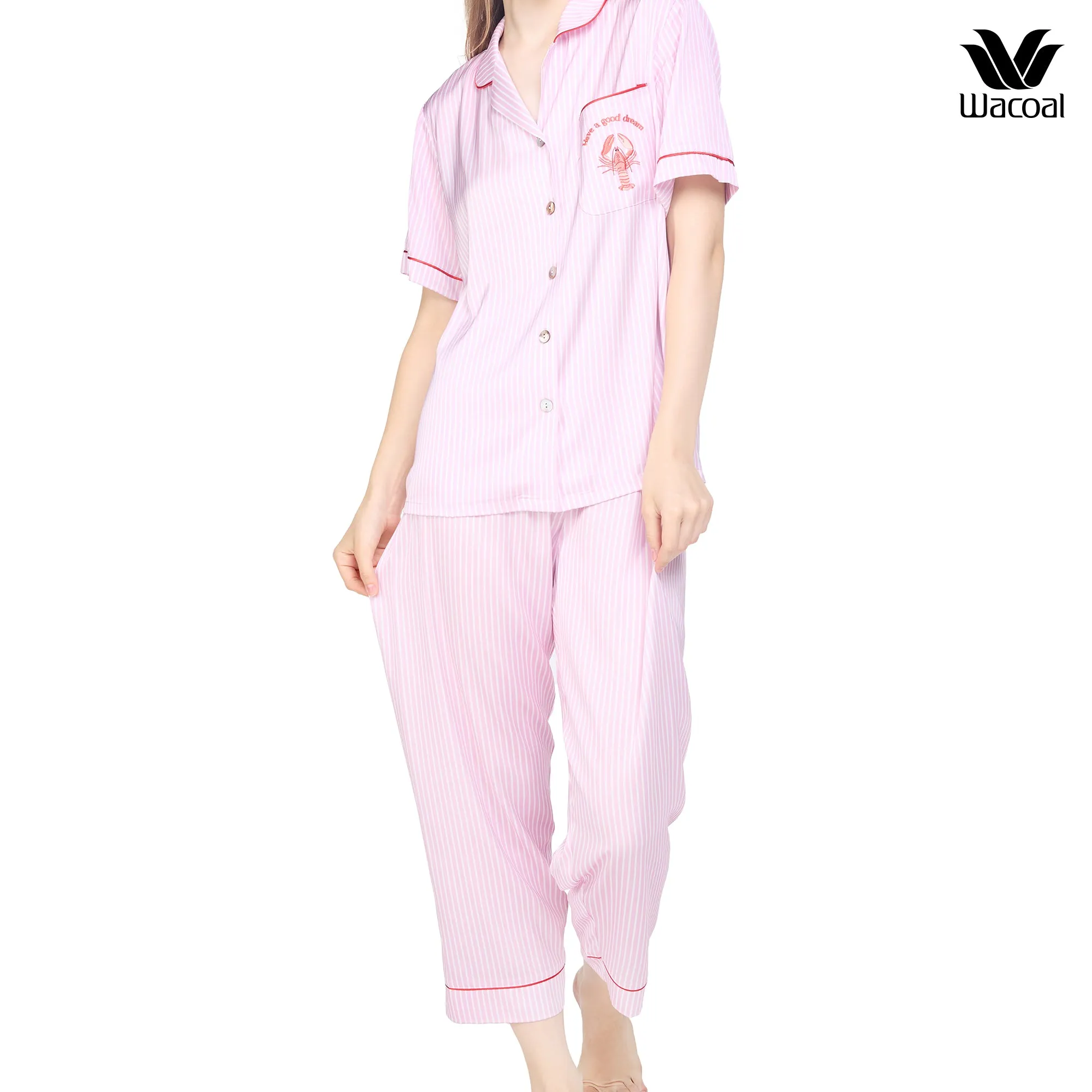 Wacoal Sleep wear ชุดนอนเสื้อแขนสั้น กางเกงขาสั้น ลายปัก Lobster รุ่น WN7E53 สีชมพู (PI)