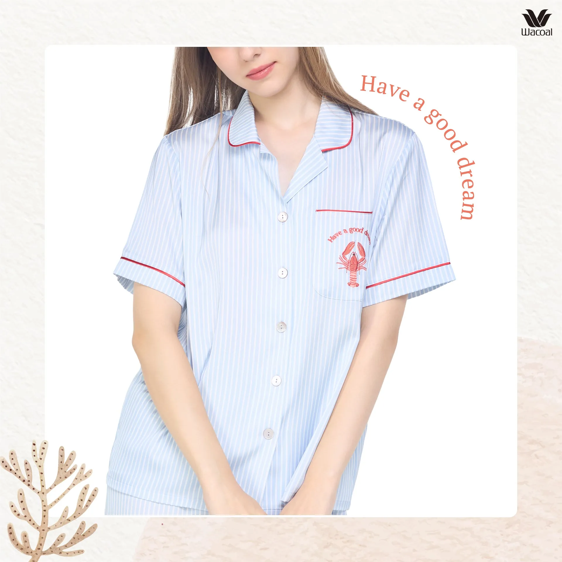 Wacoal Sleep wear ชุดนอนเสื้อแขนสั้น กางเกงขาสั้น ลายปัก Lobster รุ่น WN7E53 สีชมพู (PI)