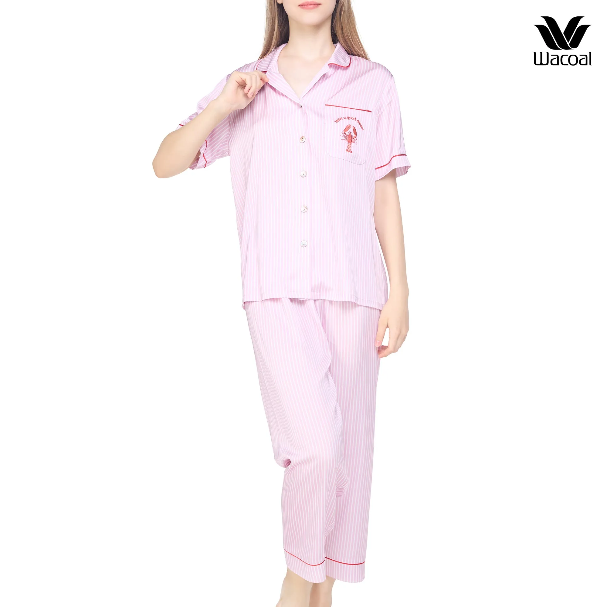 Wacoal Sleep wear ชุดนอนเสื้อแขนสั้น กางเกงขาสั้น ลายปัก Lobster รุ่น WN7E53 สีชมพู (PI)