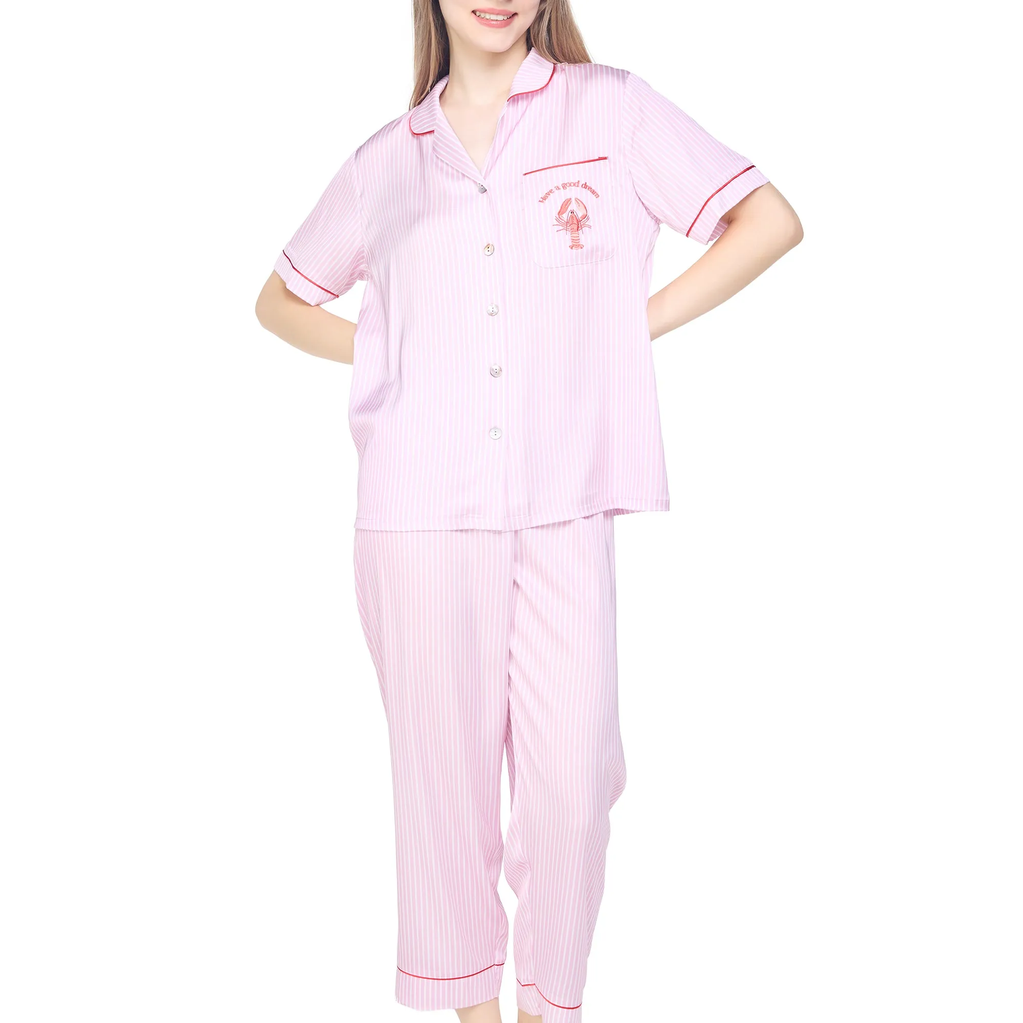 Wacoal Sleep wear ชุดนอนเสื้อแขนสั้น กางเกงขาสั้น ลายปัก Lobster รุ่น WN7E53 สีชมพู (PI)