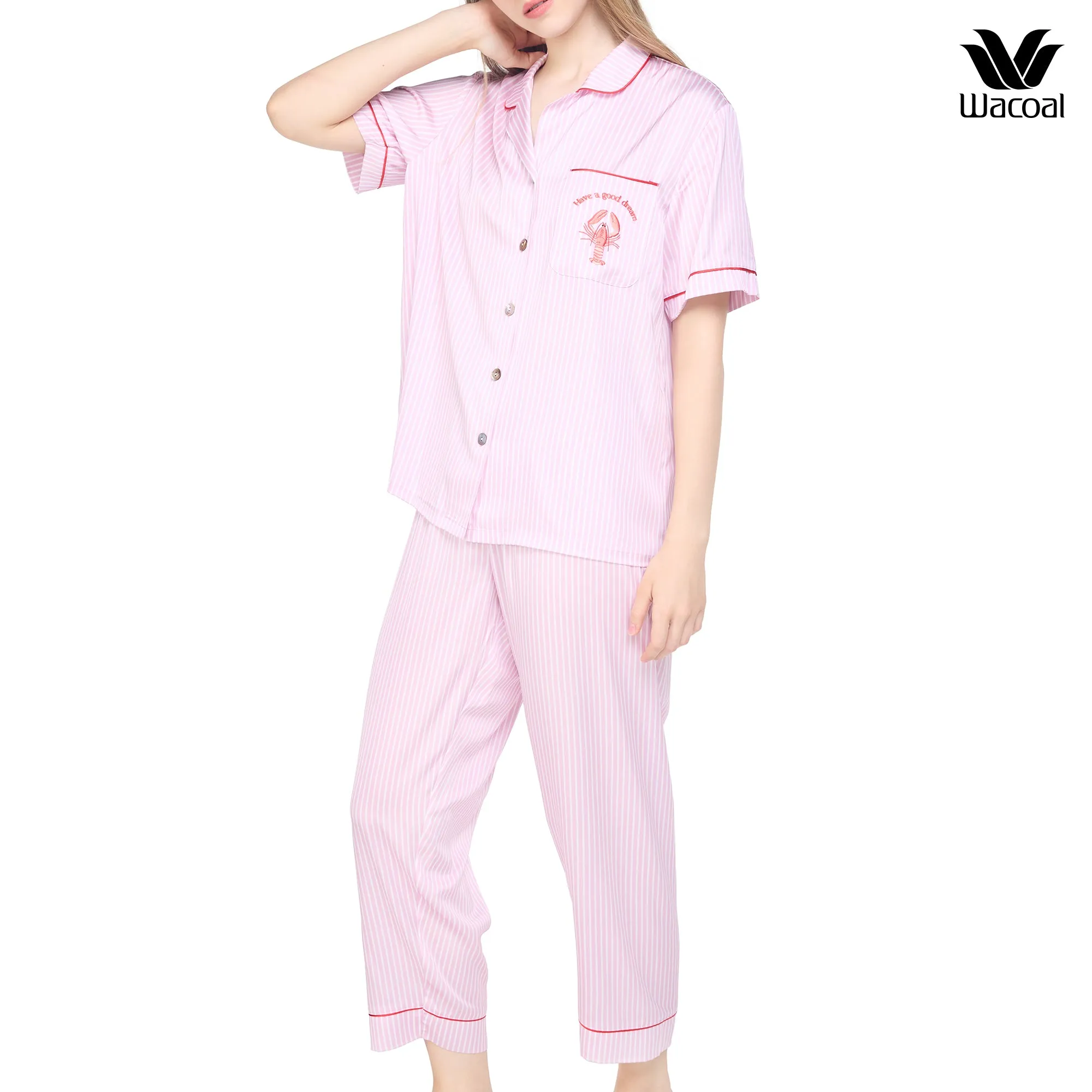 Wacoal Sleep wear ชุดนอนเสื้อแขนสั้น กางเกงขาสั้น ลายปัก Lobster รุ่น WN7E53 สีชมพู (PI)