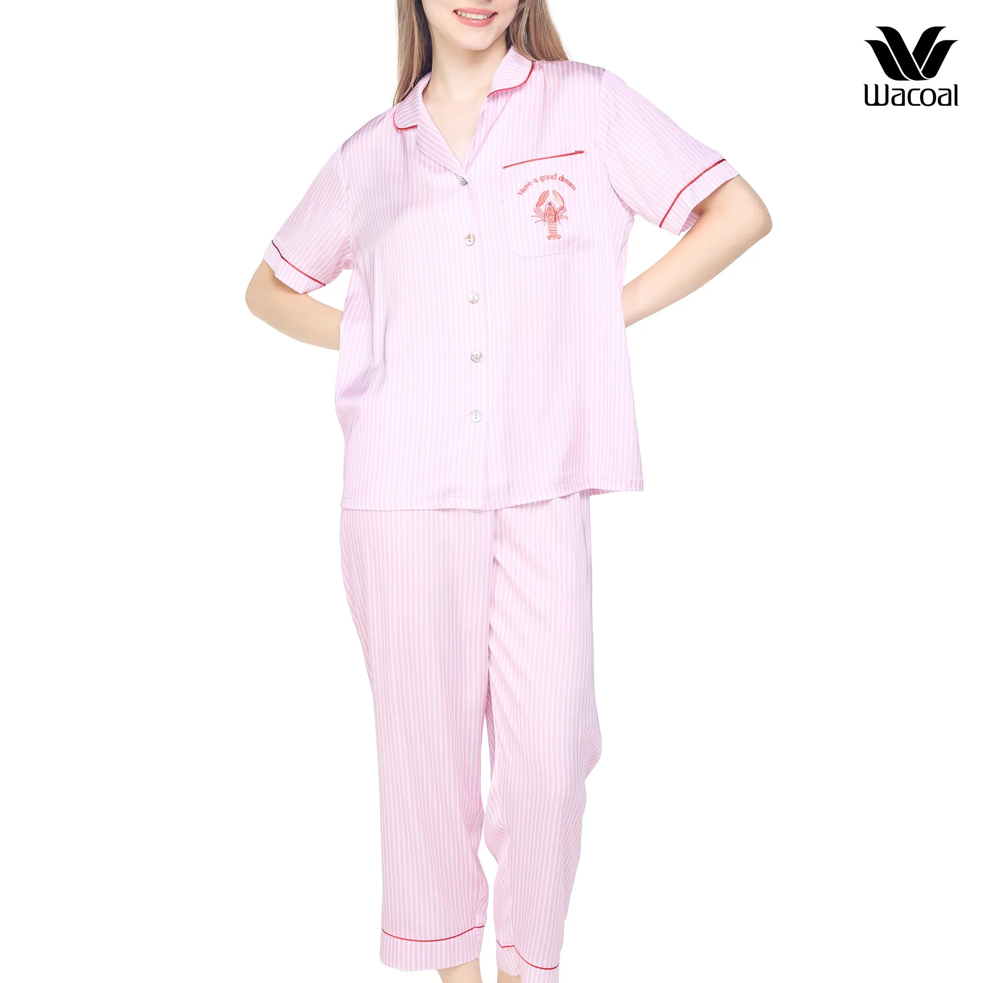 Wacoal Sleep wear ชุดนอนเสื้อแขนสั้น กางเกงขาสั้น ลายปัก Lobster รุ่น WN7E53 สีชมพู (PI)